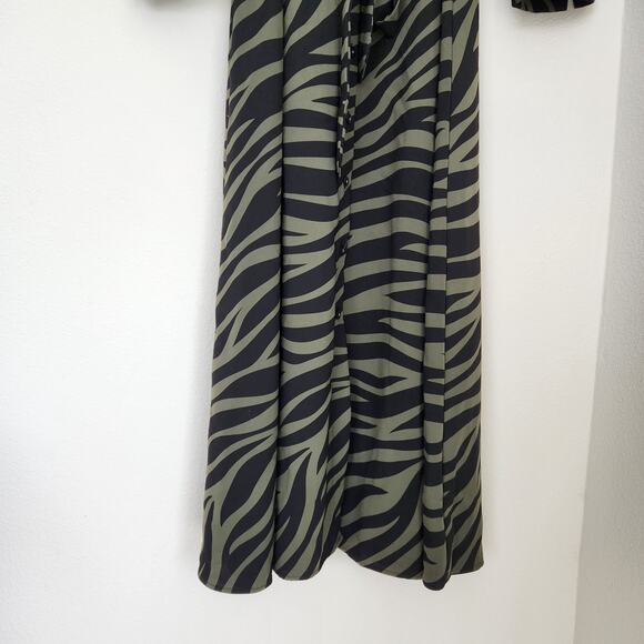 Ann Taylor Factory Green Black Zebra Print Button Front Belted Maxi Shirt Dress - Picture 3 of 9